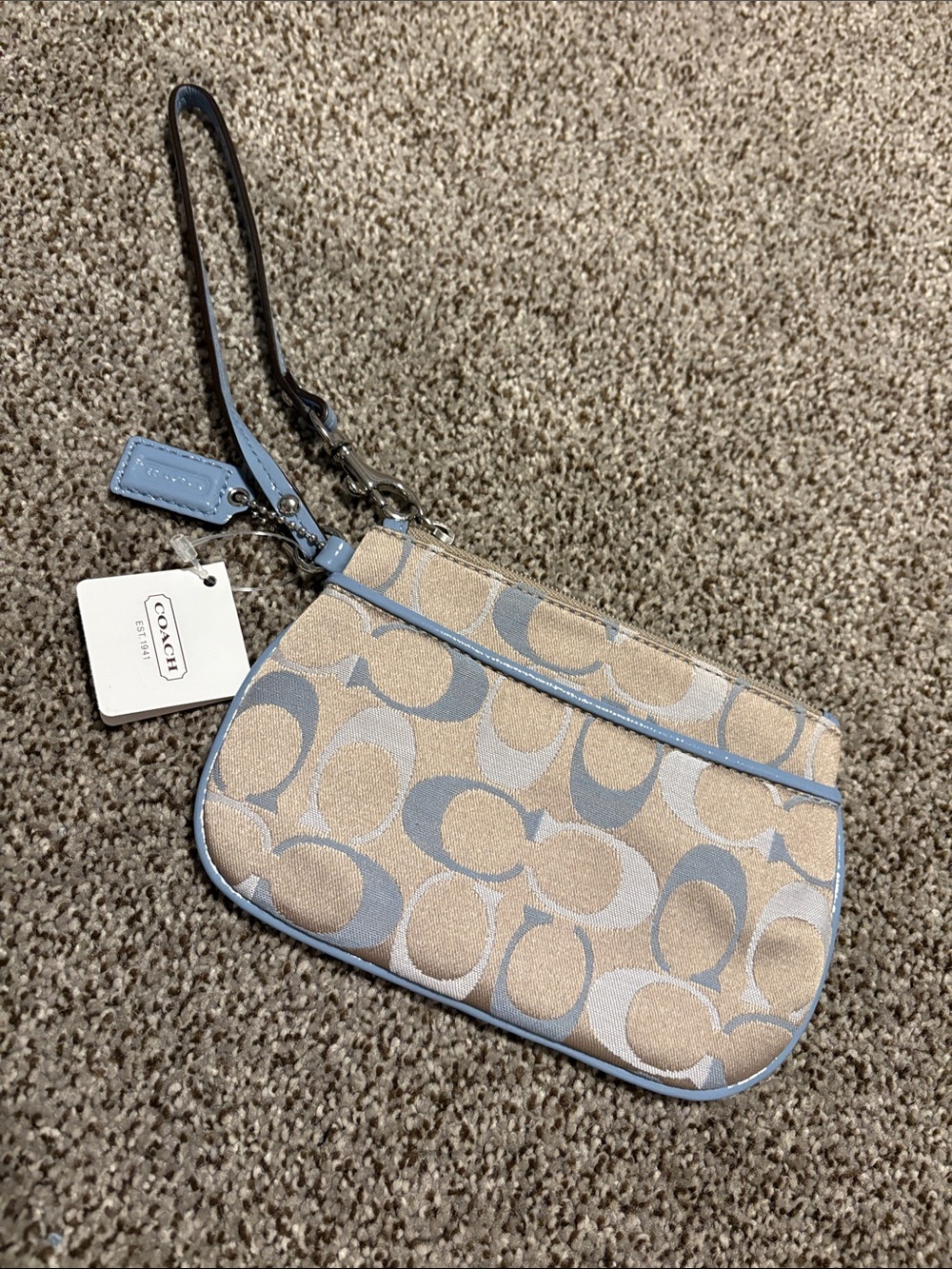 Coach Beige Signature Wristlet with Light Blue Trim